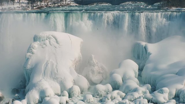 The frozen Niagara Falls. Beautiful winter season, view from the Canadian coast