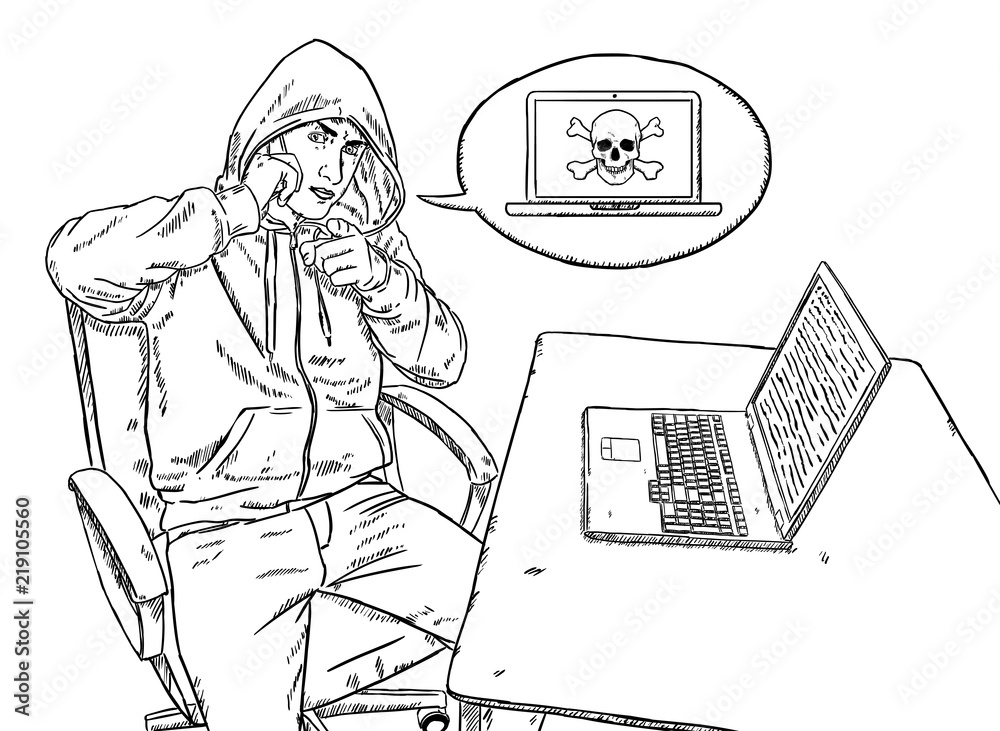 Wall mural sketch style illustration of hacker talking on mobile phone and pointing at viewer
