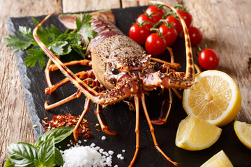 Fresh raw spiny lobster or sea crayfish with ingredients close-up on a table. horizontal