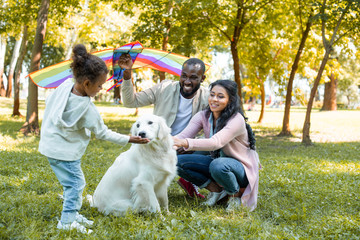 african american parents and daughter with dog and kite in park