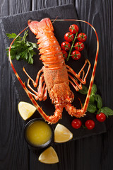 Expensive food: spiny boiled lobster with fresh tomato, lemon and melted butter close-up on stone. Vertical top view