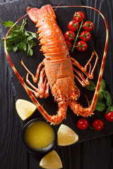 Delicious food: boiled spiny or rocky lobster with tomato, lemon and melted butter close-up. Vertical top view