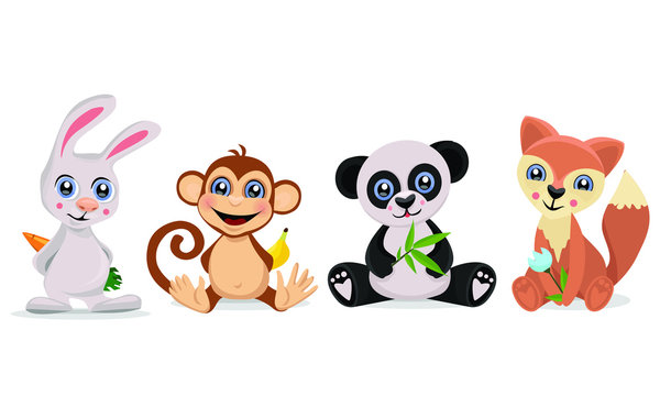  Set of cute animals. Bunny, monkey panda and fox. Vector illustration.