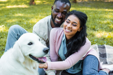 Fototapeta na wymiar happy african american couple palming white dog in park