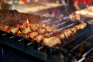 Grilling Meat On Skewers. Barbecue Meat Pieces Cooking On Grill
