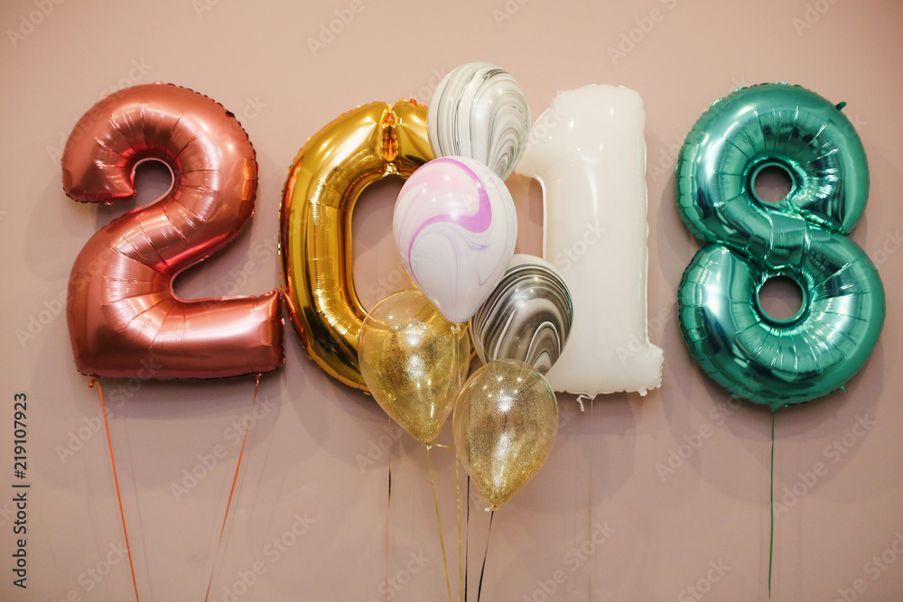 Wall mural happy new year 2018. balloon of numbers on background.