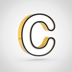 Golden letter C uppercase with white face and black outline isolated on white background.