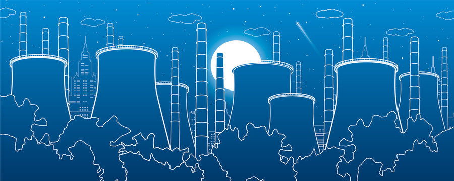 Industry illustration. Factory thermal power plant. Urban scene. Pipes and smoke. White lines on blue background. Vector design art
