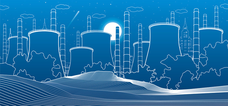 Industry illustration. Factory thermal power plant. Urban scene. Pipes and smoke. White lines on blue background. Vector design art