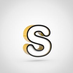 Fototapeta premium Golden letter S lowercase with white face and black outline isolated on white background.