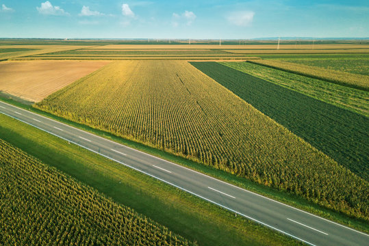 Aerial view of road through countryside and cultivated field