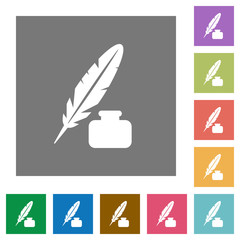 Feather and ink bottle square flat icons