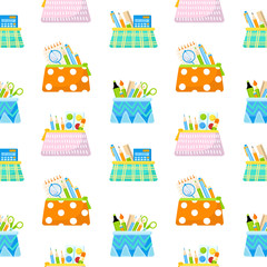 Pencil case with school supplies seamless  pattern vector.