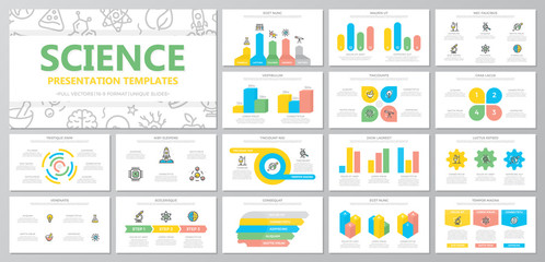 Set of science and research elements for multipurpose presentation template slides with graphs and charts. Leaflet, corporate report, marketing, advertising, book cover design.