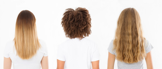 Caucasian and afro woman hair type set back view isolated on white background. African curly hairstyle, ombre and wavy healthy blonde hair. Shampoo for any hair type concept. Copy space