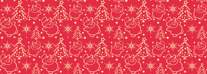 Christmas background, Sowman and the Christmas tree. Red wrapping paper Christmas