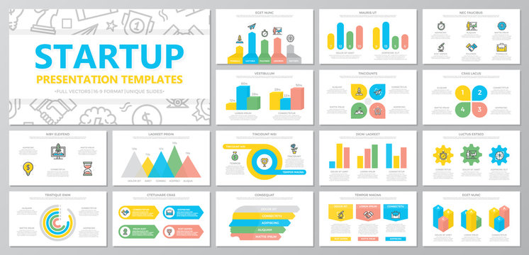 Set of startup and business elements for multipurpose presentation template slides with graphs and charts. Leaflet, corporate report, marketing, advertising, book cover design.