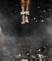 Devil's legs,3d illustration of dead body's legs hang from the ceiling