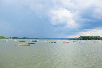 Fototapeta na wymiar Colorful Boats On River Danube