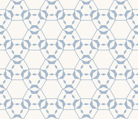 Blue vector geometric seamless pattern. Modern stylish linear texture. Repeatable ornament with hexagonal grid, thin lines, lattice. Simple white and soft blue abstract background. Delicate design