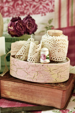 cotton lace trims and sewing accessories in vintage style interior