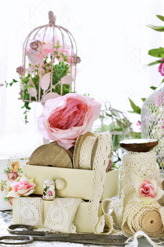 vintage style interior with cotton lace trims still life