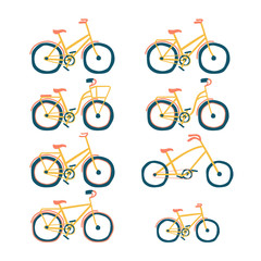 Obraz premium Set of hand drawn bicycles modern on white background. Different types: city, fix, highway, cruiser, sport, mountain bike. Vector illustration.