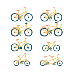 Fototapeta premium Set of hand drawn bicycles modern on white background. Different types: city, fix, highway, cruiser, sport, mountain bike. Vector illustration.