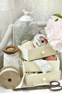 cotton lace trims and sewing accessories in vintage style interior