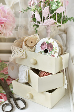 cotton lace trims and sewing accessories in vintage style interior