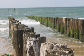 Fototapeta premium Nordsee Wasser Pfähle Buhne Wellenbrecher