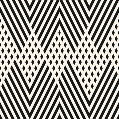 Vector geometric lines pattern. Black and white abstract graphic ornament with diagonal stripes, zigzag, chevron, small rhombuses. Modern linear texture. Hipster fashion background. Trendy design