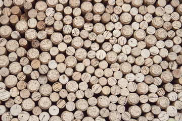 wine cork caps background, wall of old bottle corks