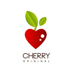 Cherry original, creative logo template with ripe cherry in the shape of heart can be used for cafe, bar, club, grocery store, package, price tag, flyer vector Illustration