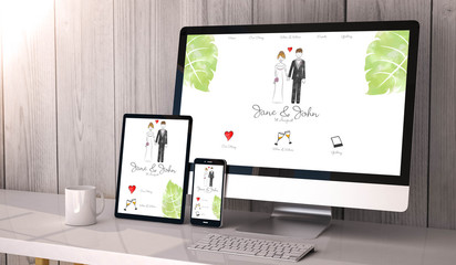 devices responsive on workspace wedding website design - obrazy, fototapety, plakaty