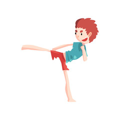Boy practicing capoeira movement, kid character doing combat element of martial art vector Illustration on a white background