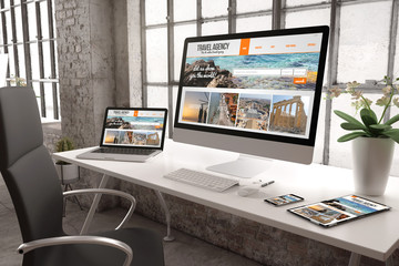 industrial office mockup responsive travel agency website design - obrazy, fototapety, plakaty