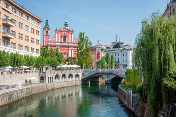 LJUBLJANA, SLOVENIA - 7 AUGUST, 2018: View of the centre square of Ljubljana in Slovenia