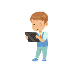 Cute little boy standing with a tablet pc vector Illustration on a white background