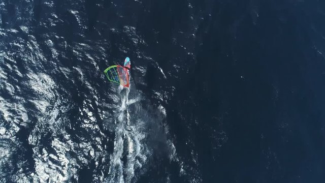 Aerial shot of windsurfers surfing at sea. Extreme windsurfing - July 2018: Adriatic Sea, Croatia