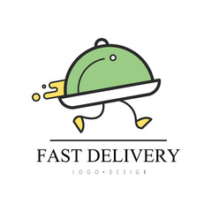 Fast delivery logo design, food service delivery, creative template with running cloche for corporate identity, restaurant, cafe vector Illustration on a white background
