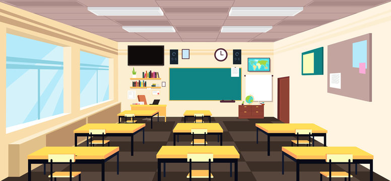 Cartoon Empty Classroom, High School Room Interior With Desks And Blackboard. Education Vector Concept