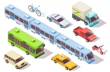 Isometric city public transport. Subway train, bus, ambulance, taxi and police car, truck, motorcycle, bike. 3d vehicles vector set