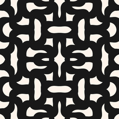 Abstract seamless geometric pattern. Vector monochrome background with curved shapes, tangled lines, mesh, fabric, weave, repeat tiles. Black and white texture. Design for decor, print, cover, cloth