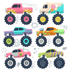 Monster trucks. Kids car toys. Cartoon vector set © MicroOne
