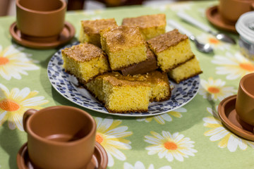 typical table prepared for snack with corn cake brazil
