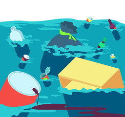 Polluted water. Fishes dirty river with trash and plastic. Freshwater pollution vector concept