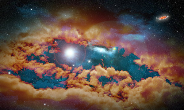 Imaginary space landscape with stars and a nebula with flare at its center / Illustration depicting a fantastic cosmic scenery with a large nebula, stars and a galaxy
