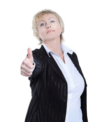 confident business woman showing thumb up .isolated on white