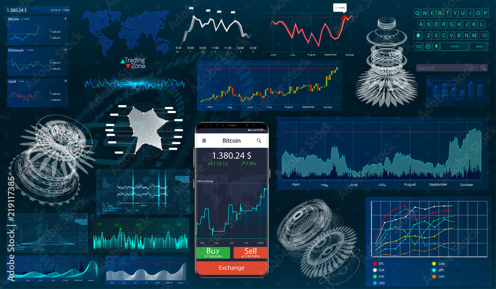 Poster Set graphs and charts. HUD UI for business app, Professional trader tools for successful trading. Bitcoin digital currency, futuristic digital money, vector illustration HUD, UI, KIT